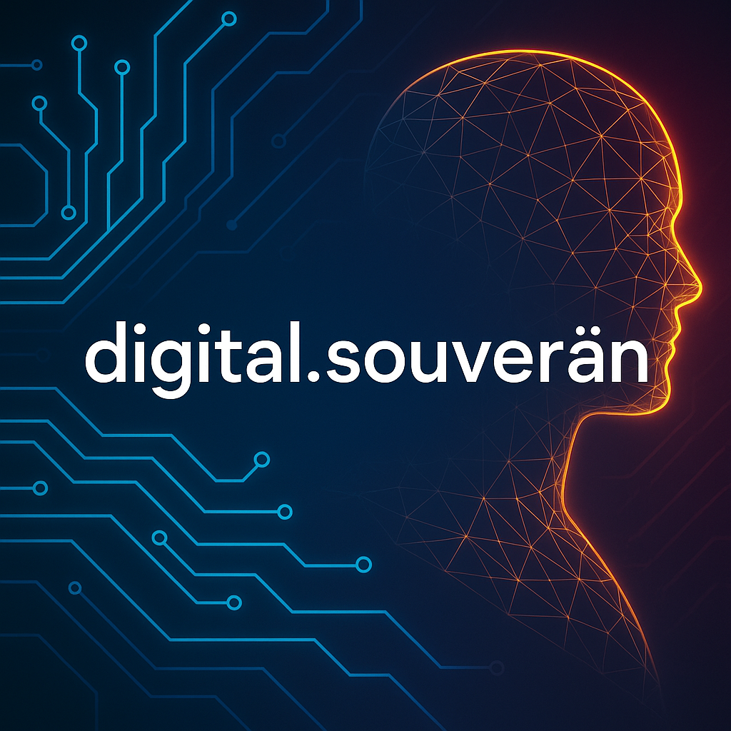 Illustration mit dem Schriftzug „digital.souverän“ auf dunkelblauem Hintergrund; links Schaltkreis-Muster, rechts ein leuchtendes, aus Linien gebildetes menschliches Profil.