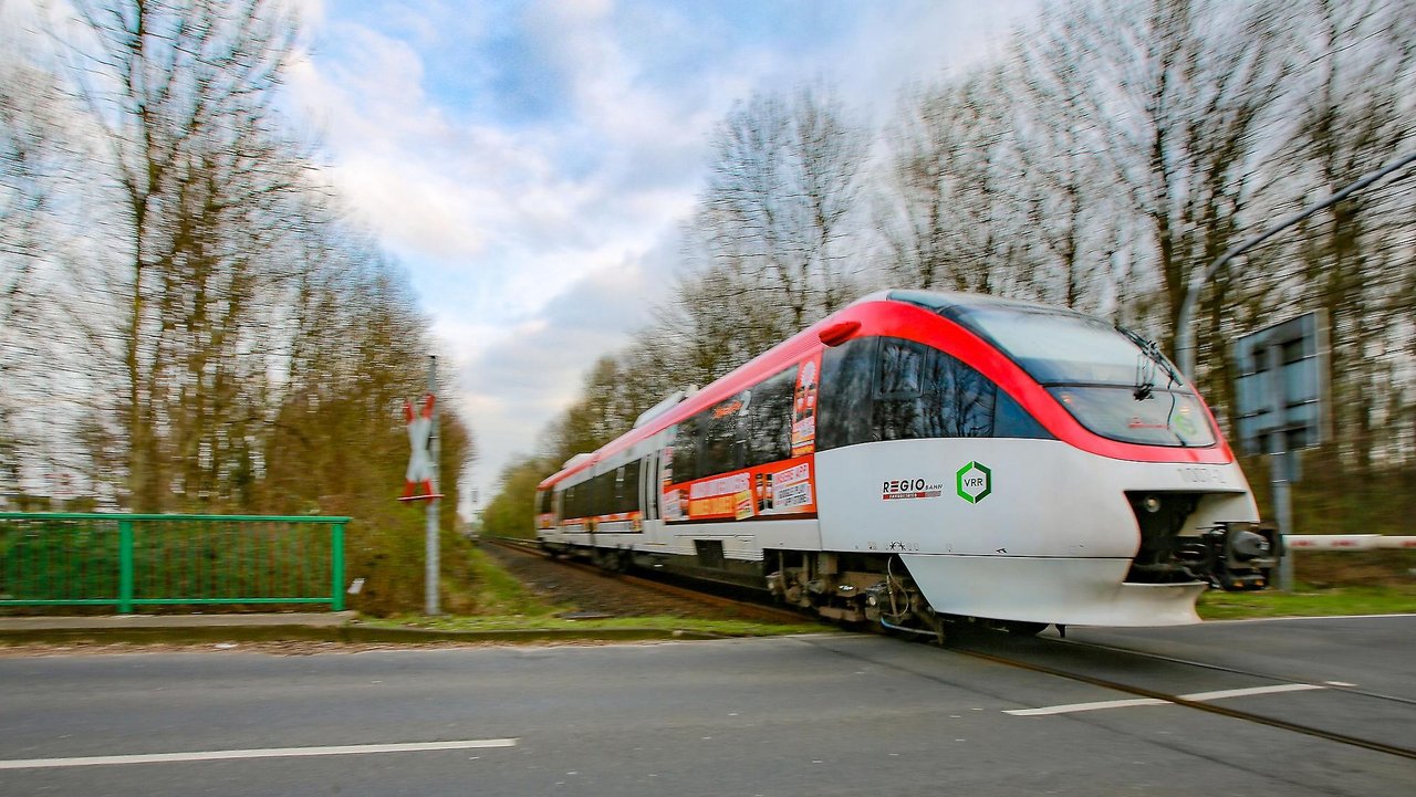 Ein moderner Regionalzug überquert einen unbeschrankten Bahnübergang auf einer Landstraße, flankiert von kahlen Bäumen und einem Andreaskreuz als Warnzeichen. Der Zug fährt mit hoher Geschwindigkeit aus einem Waldstück in Richtung Kamera.