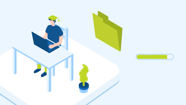 YouTube-Titelbild: Illustration einer Person mit Laptop an einem Schreibtisch, daneben ein Ordnersymbol und ein Ladebalken für digitale Datenverwaltung.