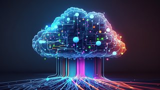 Leuchtende, digitale Wolke mit eingebetteten Schaltkreisen, aus der farbige Datenlinien nach unten fließen.