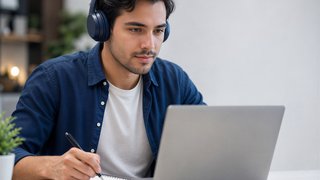 Junger Mann mit Laptop und Kopfhörern im Webinar