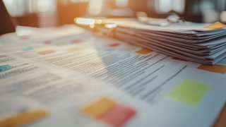 Ein Stapel Dokumente mit farbigen Markierungen und Notizzetteln liegt auf einem Schreibtisch. Im Vordergrund sind Textstellen und Hervorhebungen sichtbar, während die Sonne durch ein Fenster im Hintergrund scheint und die Szene beleuchtet.