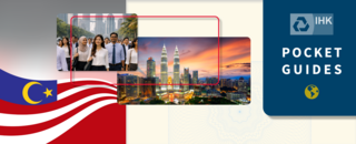 Grafische Header‑Collage mit einer Gruppe von Menschen in einer städtischen Umgebung, der Skyline von Kuala Lumpur mit den Petronas Towers sowie dem IHK‑Pocket‑Guides‑Design und der malaysischen Flagge.