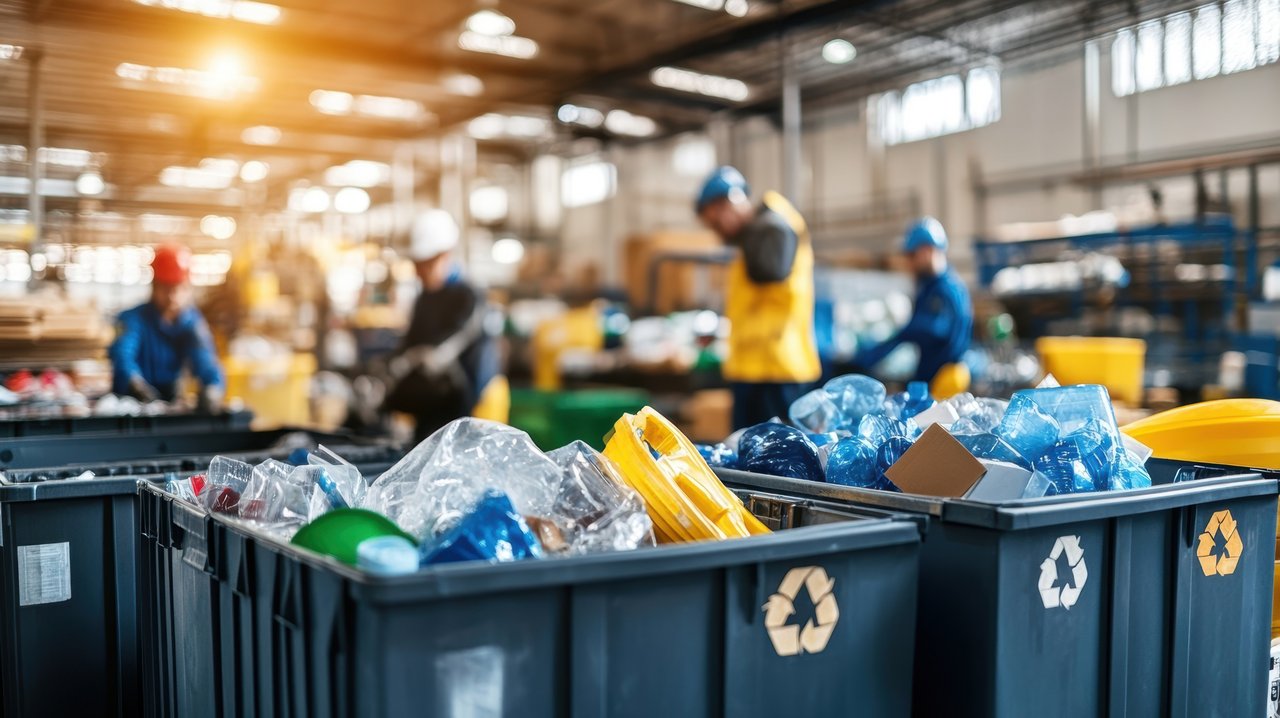 Recyclinghalle mit mehreren großen Behältern voller sortierter Kunststoffabfälle im Vordergrund; im Hintergrund arbeiten Personen in Schutzkleidung an Sortiertischen.