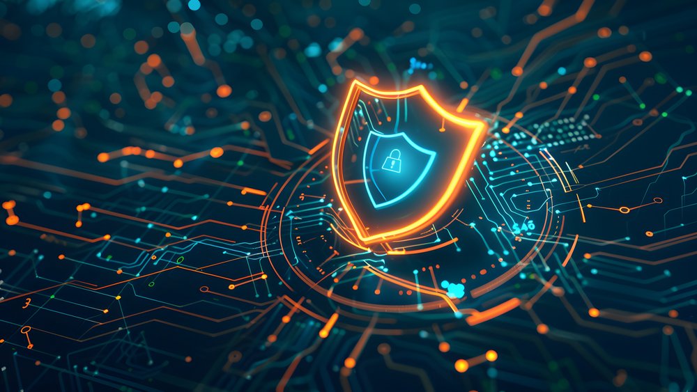 Visualisierung eines digitalen Schutzschilds mit einem Schloss-Symbol in der Mitte, eingebettet in ein leuchtendes Schaltkreisdesign, das Cybersicherheit und Datenverschlüsselung symbolisiert.