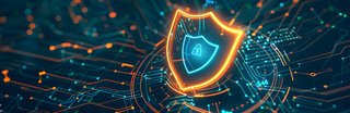 Visualisierung eines digitalen Schutzschilds mit einem Schloss-Symbol in der Mitte, eingebettet in ein leuchtendes Schaltkreisdesign, das Cybersicherheit und Datenverschlüsselung symbolisiert.