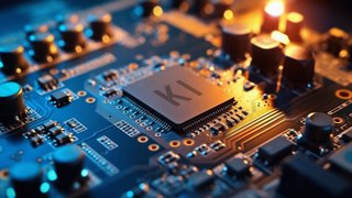 Nahaufnahme einer Computerplatine mit einem zentralen KI-Chip, umgeben von elektronischen Bauteilen und leuchtenden Lichtern, die auf aktive Datenverarbeitung hinweisen.