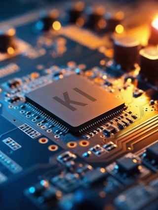 Nahaufnahme einer Computerplatine mit einem zentralen KI-Chip, umgeben von elektronischen Bauteilen und leuchtenden Lichtern, die auf aktive Datenverarbeitung hinweisen.