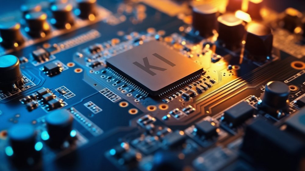 Nahaufnahme einer Computerplatine mit einem zentralen KI-Chip, umgeben von elektronischen Bauteilen und leuchtenden Lichtern, die auf aktive Datenverarbeitung hinweisen.