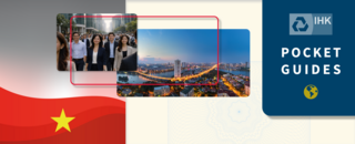 Grafische Header‑Collage mit einer Gruppe von Menschen in urbaner Umgebung, der beleuchteten Skyline einer vietnamesischen Stadt sowie dem IHK‑Pocket‑Guides‑Design und der vietnamesischen Flagge.