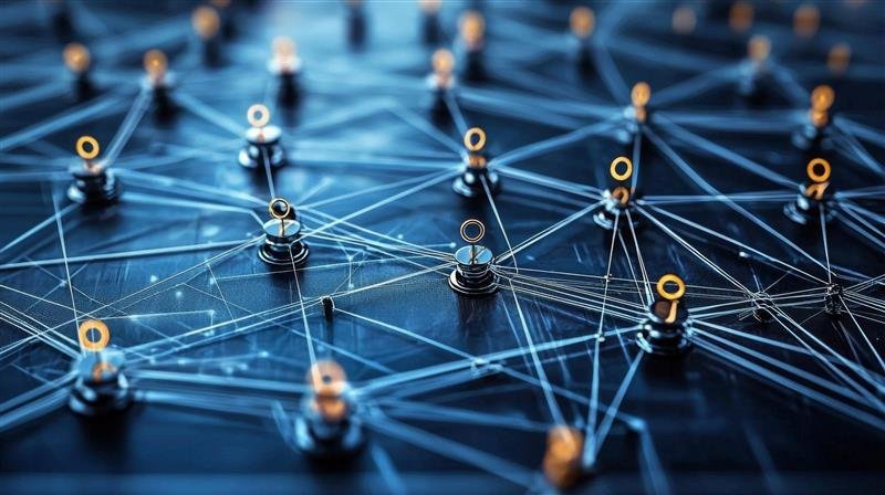 Ein Netzwerk aus leuchtenden, ringförmigen Knotenpunkten, die über dünne, glühende Linien miteinander verbunden sind. Die Struktur erstreckt sich über eine dunkle Oberfläche und symbolisiert digitale Vernetzung oder Datenströme.
