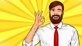 lustration im Pop-Art-Stil: Ein lächelnder Mann mit braunem Haar und Vollbart trägt ein weißes Hemd und eine rote Krawatte. Er zwinkert mit einem Auge und zeigt mit der rechten Hand das „Okay“-Zeichen. Der Hintergrund ist leuchtend gelb mit strahlenförmigem Muster und weißen Comic-Punkten an den Rändern.