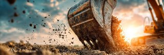Baggerlöffel hebt Erde aus dem Boden, während Erde und Staub in der Bewegung aufwirbeln; im Hintergrund steht ein Bagger bei tief stehender Sonne.