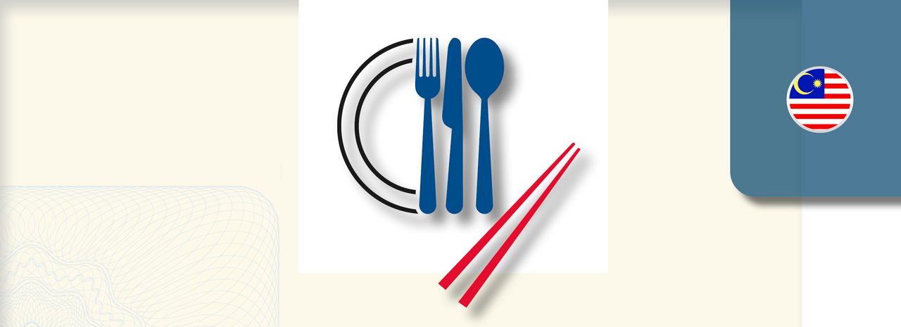 Grafik zeigt ein stilisiertes Essenssymbol: ein Teller mit Gabel und Löffel in Blau sowie rote Essstäbchen diagonal davor. Rechts oben befindet sich ein rundes Icon mit der Flagge Malaysias.