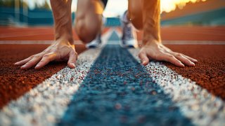 Nahaufnahme eines Athleten oder einer Athletin in Startposition auf einer Laufbahn. Die Hände sind auf dem Boden abgestützt, der Körper bereit zum Sprint. Die Aufnahme zeigt dynamische Spannung kurz vor dem Start, mit Fokus auf die Startlinie und die körnige Textur der Bahn. Im Hintergrund ist Sonnenlicht sichtbar, das eine energiegeladene Atmosphäre erzeugt.