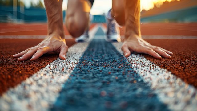 Nahaufnahme eines Athleten oder einer Athletin in Startposition auf einer Laufbahn. Die Hände sind auf dem Boden abgestützt, der Körper bereit zum Sprint. Die Aufnahme zeigt dynamische Spannung kurz vor dem Start, mit Fokus auf die Startlinie und die körnige Textur der Bahn. Im Hintergrund ist Sonnenlicht sichtbar, das eine energiegeladene Atmosphäre erzeugt.