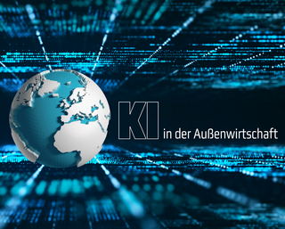 Darstellung einer digitalen Weltkugel vor einem abstrakten Datenhintergrund mit dem Schriftzug „KI in der Außenwirtschaft“.