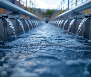 Nahaufnahme einer Wasseraufbereitungsanlage mit mehreren gleichmäßig angeordneten Ausläufen, aus denen klares Wasser in ein Becken fließt; im Vordergrund schäumt das Wasser leicht, während Geländer und Rohrleitungen entlang des Beckens verlaufen.