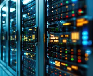 Reihe von Serverracks in einem Rechenzentrum mit leuchtenden Anzeigen, Kontrollleuchten und Kabeln. Der Gang ist hell erleuchtet, die Servergeräte zeigen verschiedene Statusanzeigen in Blau, Grün, Rot und Gelb.