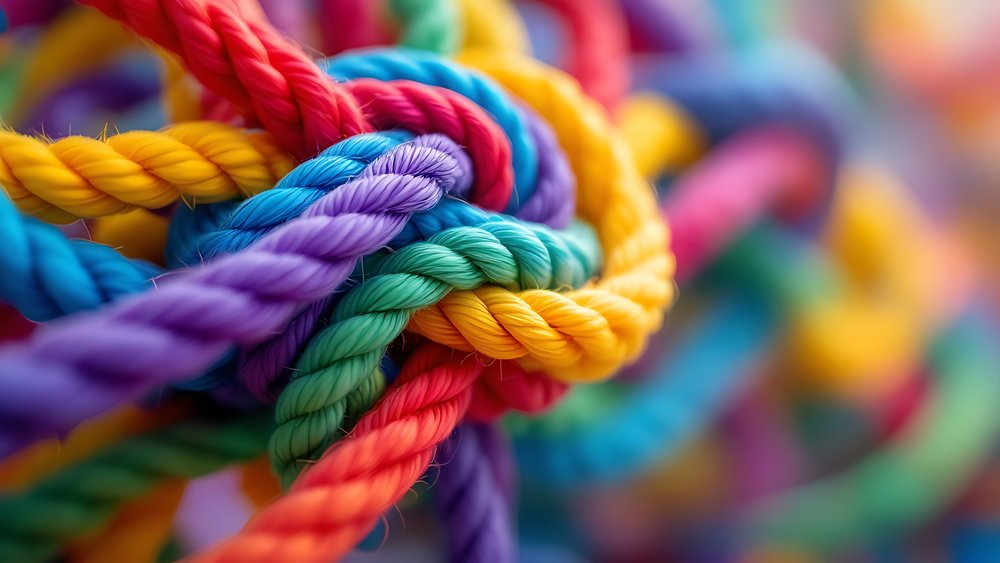 Mehrere dicke, bunte Seile aus Kunststoff sind eng ineinander verknotet. Die Farben der Seile umfassen Rot, Gelb, Blau, Grün, Lila und Orange. Der Knoten steht im Fokus, während der Hintergrund verschwommen ist.
