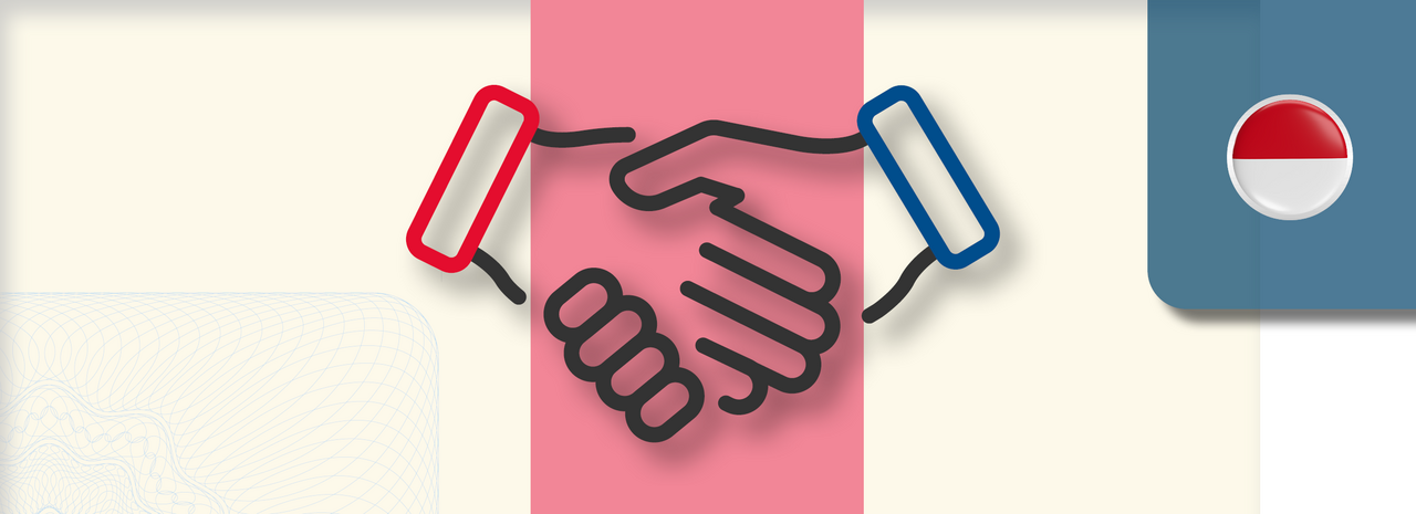 Grafik zeigt zwei stilisierte Hände, die sich zum Handschlag treffen. Die linke Hand ist mit einem roten Ärmel, die rechte mit einem blauen Ärmel dargestellt. Rechts oben befindet sich ein rundes Icon mit der Flagge Indonesiens.