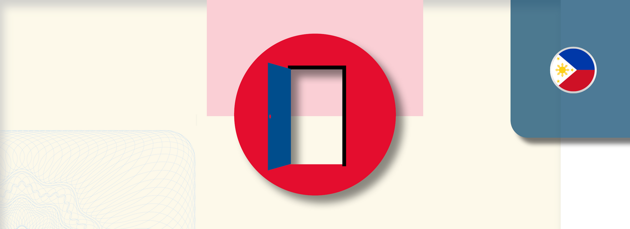 Grafik zeigt ein rotes Kreis-Symbol mit einer geöffneten blauen Tür in der Mitte, als Zeichen für Einladung oder Zugang. Rechts oben befindet sich ein rundes Icon mit der Flagge der Philippinen.