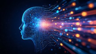 Abstrakte, blau leuchtende Silhouette eines menschlichen Kopfes, durchzogen von digitalen Leiterbahnen, aus denen farbige Lichtlinien nach rechts strömen.