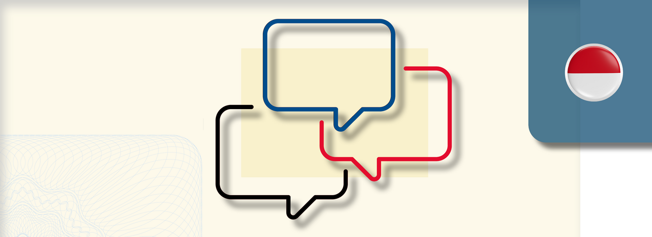 Grafik zeigt drei stilisierte Sprechblasen in Schwarz, Blau und Rot, die sich überlappen und Kommunikation symbolisieren. Rechts oben befindet sich ein rundes Icon mit der Flagge Indonesiens.