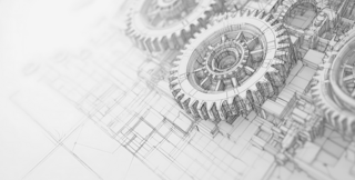 Technische Zeichnung mehrerer ineinandergreifender Zahnräder, perspektivisch dargestellt in feinen Linien.