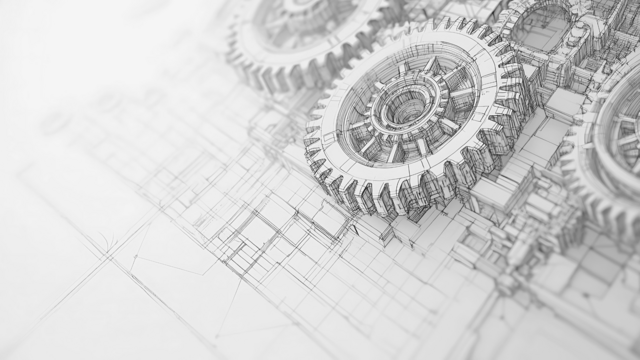 Technische Zeichnung mehrerer ineinandergreifender Zahnräder, perspektivisch dargestellt in feinen Linien.