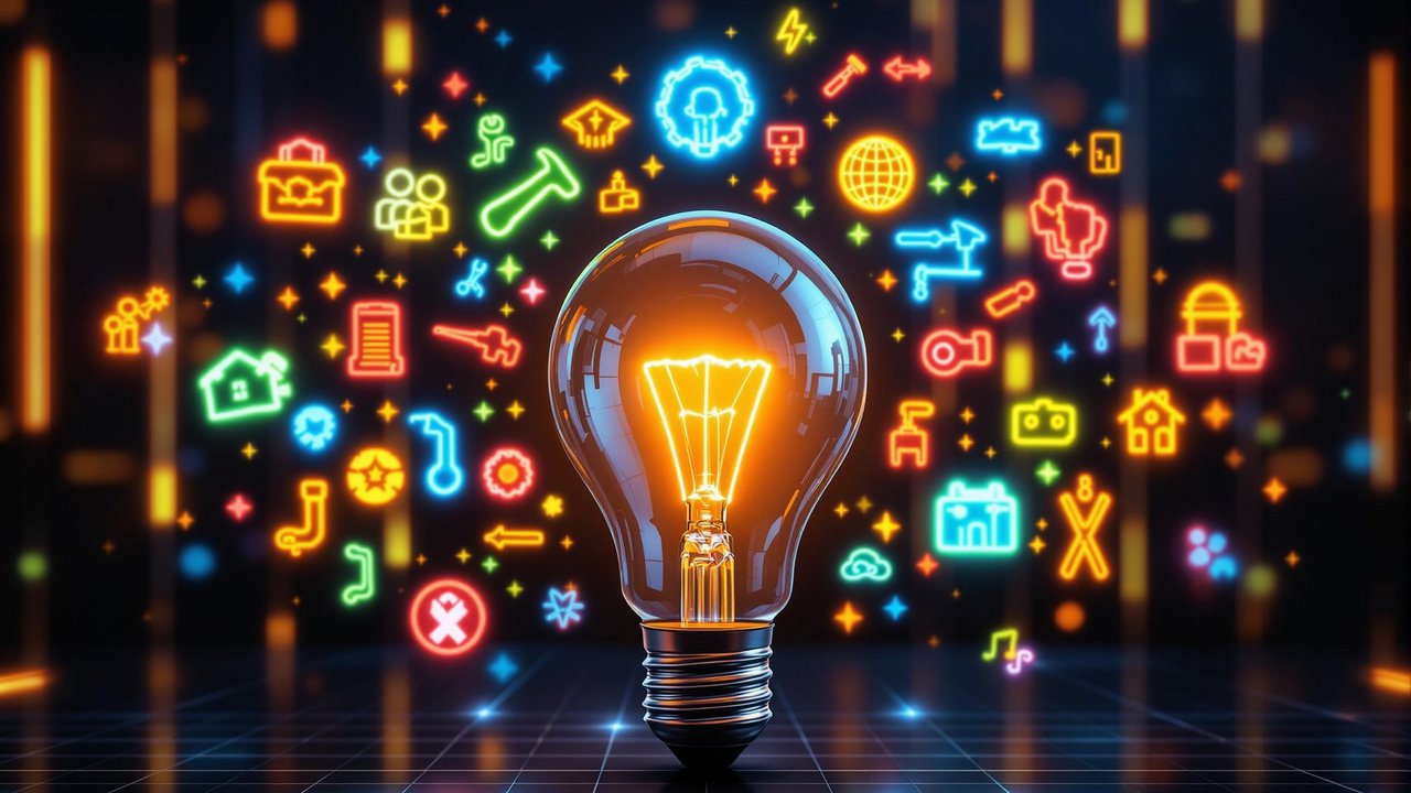 Glühbirne leuchtet in der Mitte eines digitalen, futuristischen Hintergrunds. Um die Birne sind bunte Symbole verteilt, die verschiedene Themen wie Bildung, Technologie, Kommunikation, Finanzen und Kreativität darstellen.