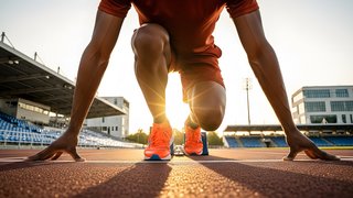Sportliche Person in Startposition auf einer Laufbahn in einem Stadion, mit beiden Händen am Boden und einem Knie vorne aufgesetzt.