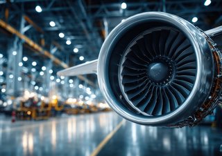 Nahaufnahme eines Flugzeugtriebwerks in einer hellen Industriehalle.