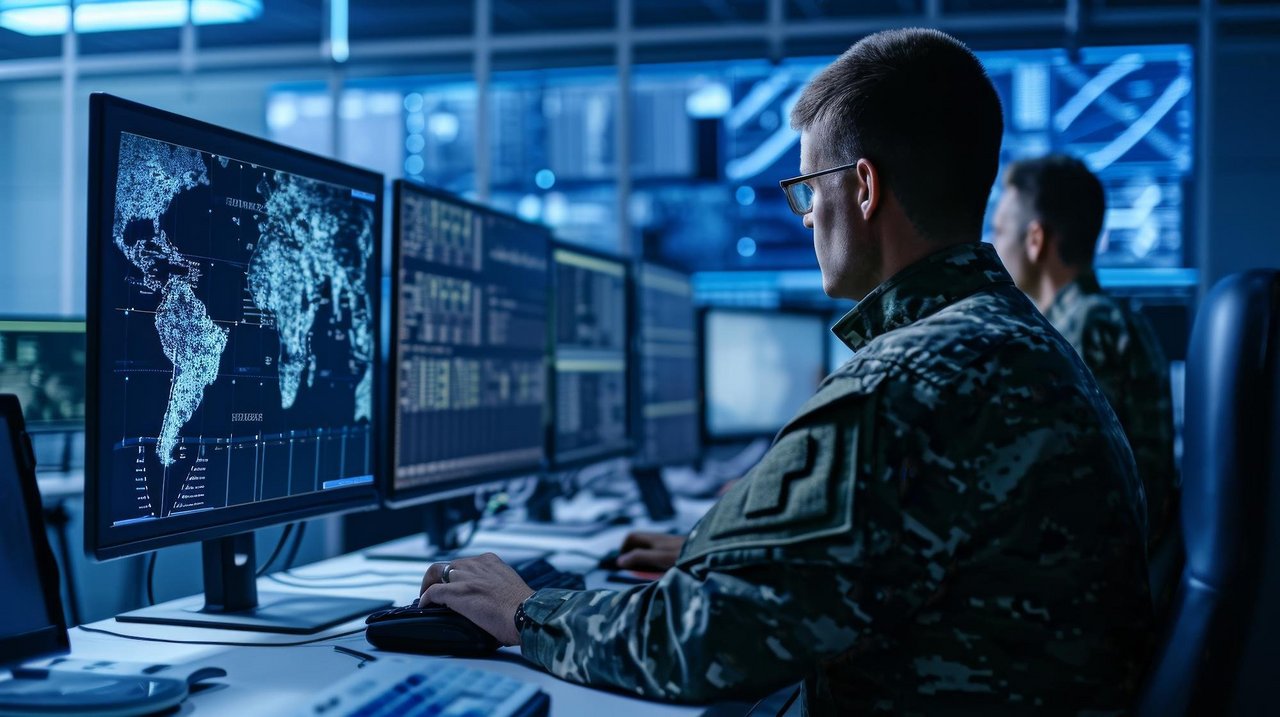 Zwei Personen in Militäruniformen sitzen vor mehreren Computerbildschirmen in einem modernen Kontrollraum. Die Bildschirme zeigen Weltkarten, Daten und Diagramme. Der Raum ist mit blauen und weißen Lichtern beleuchtet.