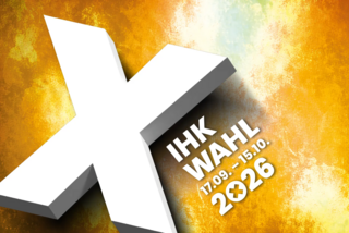 Weißes 3D‑Kreuz auf gelbem Hintergrund, daneben der Schriftzug „IHK‑Wahl 2026 – 17.09. bis 15.10.“.