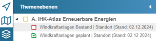 Menü „Themenebenen“ im IHK-Atlas Erneuerbare Energien zeigt zwei auswählbare Layer: „Windkraftanlagen Bestand“ ist deaktiviert (rotes Quadrat), „Windkraftanlagen geplant“ ist aktiviert (grünes Häkchen). Datenstand: 02.12.2024.