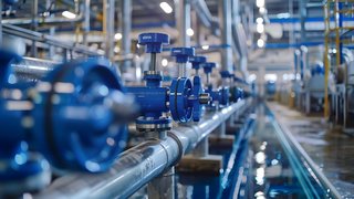 Reihe von blauen Industrieventilen auf silbernen Rohrleitungen in einer modernen Fabrikhalle; die Ventile sind scharf im Vordergrund zu sehen, während sich die Szene nach hinten in Unschärfe verliert; die Umgebung ist sauber, technisch und gut beleuchtet.
