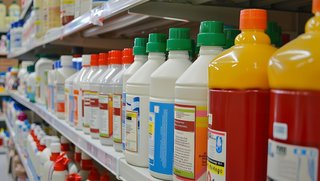 Das Bild zeigt mehrere Regalreihen in einem Geschäft, gefüllt mit Plastikflaschen verschiedener Farben und Größen. Die meisten Flaschen sind weiß mit grünen oder roten Schraubverschlüssen, einige sind gelb und rot. Die Etiketten auf den Flaschen enthalten Text und Symbole, die auf chemische Inhalte hinweisen. Es handelt sich vermutlich um Pflanzenschutzmittel, Reinigungsmittel oder andere chemische Produkte. Die Perspektive des Bildes führt den Blick entlang des Regals in die Tiefe.
