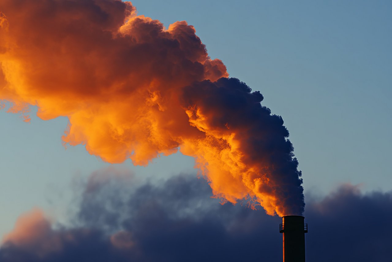 Ein Industrieschornstein stößt eine große Rauchwolke aus, die durch Sonnenlicht orangefarben leuchtet und sich kontrastreich vor dem blauen Himmel ausbreitet.