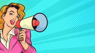 Illustration im Pop-Art-Stil: Eine Frau mit blonden Haaren in rosa Blazer spricht energisch in ein Megafon und zeigt mit dem Finger nach oben. Der Hintergrund ist türkisblau mit Comic-Punktemuster und Strahlenmuster.