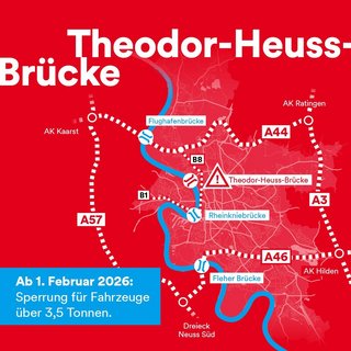 Karte der Stadt Düsseldorf mit markierten Brücken und Autobahnen; die Theodor‑Heuss‑Brücke ist hervorgehoben und mit einem Warnsymbol versehen. Hinweis: Ab 1. Februar 2026 gilt eine Sperrung für Fahrzeuge über 3,5 Tonnen.