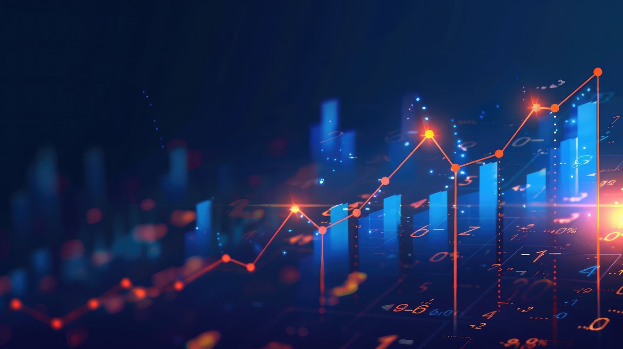 Die Grafik zeigt eine abstrakte, futuristische Datenvisualisierung auf dunkelblauem Hintergrund: mehrere leuchtend blaue Säulen (Balkendiagramm) und eine orange Linie mit markierten Punkten, die von links nach rechts ansteigt; im Hintergrund sind unscharfe Zahlen und Symbole eingeblendet.