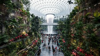 Flughafen Singapur: Der 40 Meter hohe Indoor-Wasserfall des Jewel Changi Airport ist eine Attraktion für Touristen.                      