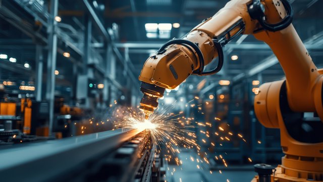 Ein Roboterarm führt in einer industriellen Umgebung eine Schweiß- oder Schneidearbeit an einem Metallstück aus. Funken fliegen vom Berührungspunkt, im Hintergrund sind weitere Maschinen und Anlagen sichtbar.