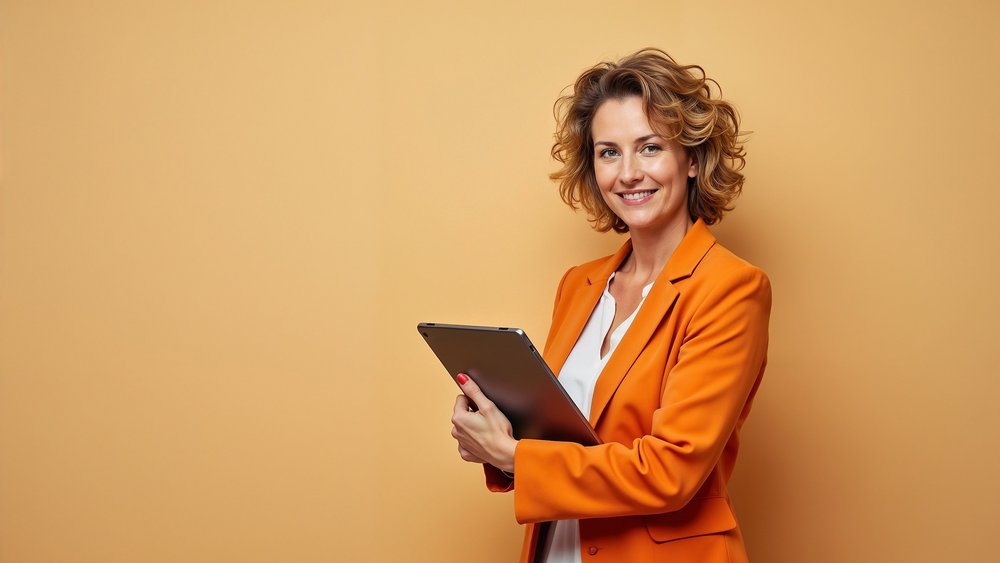 Eine Frau mit lockigem Haar trägt einen orangefarbenen Blazer und hält ein Tablet. Der Hintergrund ist einfarbig hellbraun.