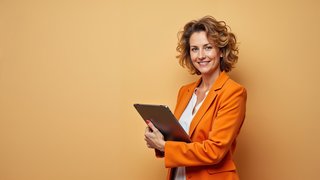 Eine Frau mit lockigem Haar trägt einen orangefarbenen Blazer und hält ein Tablet. Der Hintergrund ist einfarbig hellbraun.