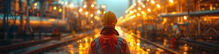 Person mit Schutzhelm und Warnweste steht in einer Industrieanlage zwischen Rohrleitungen und blickt in eine beleuchtete Produktionsumgebung.