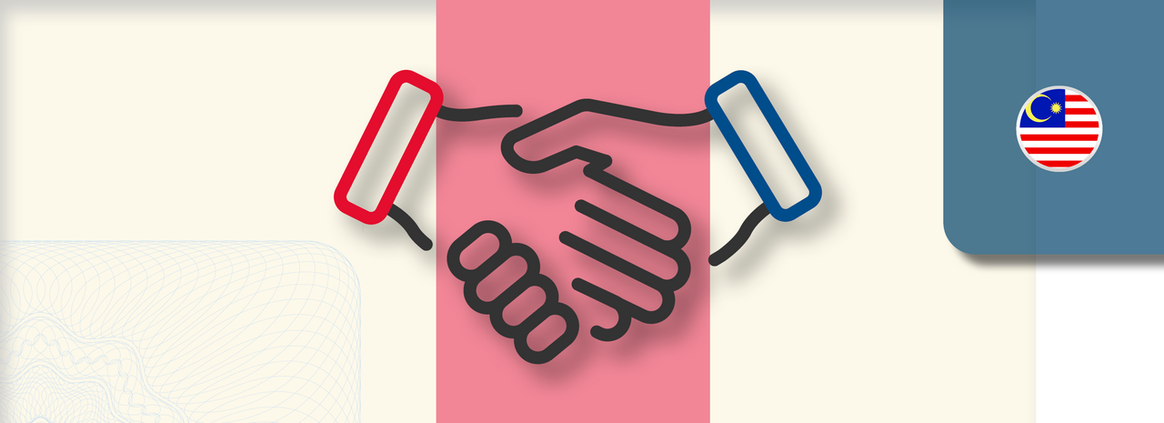 Grafik zeigt zwei stilisierte Hände, die sich zum Handschlag treffen. Die linke Hand ist mit einem roten Ärmel, die rechte mit einem blauen Ärmel dargestellt. Rechts oben befindet sich ein rundes Icon mit der Flagge Malaysias.