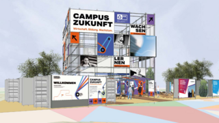 Visualisierung eines modularen Messe- oder Informationspavillons mit großflächigen Bannern zum ‚Campus Zukunft‘ der IHK, gestaltet mit modernen Grafikelementen sowie Bereichen für Information, Orientierung und Austausch im Außenraum.