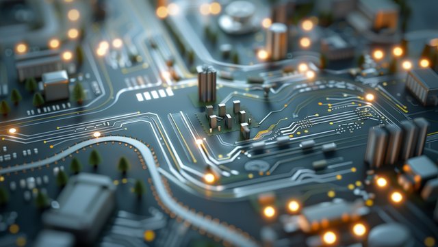 Künstlerische Darstellung einer Stadt mit Gebäuden, Straßen und Bäumen, eingebettet in die Struktur eines Mikrochips mit leuchtenden Leiterbahnen, die Digitalisierung und vernetzte Infrastruktur symbolisieren.